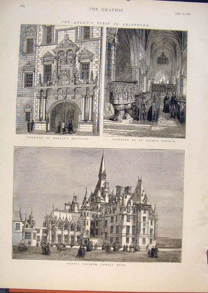 Original Old Antique Print Edinburgh Heriot Hospital Church Fettis College 1876