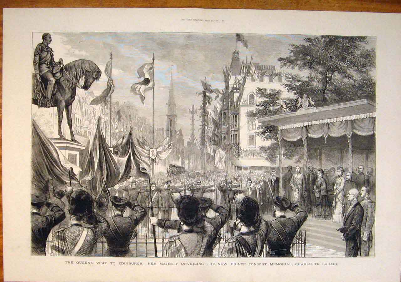 Old Antique Print Edinburgh Queen Prince Consort Memorial Charlotte 1876 19th