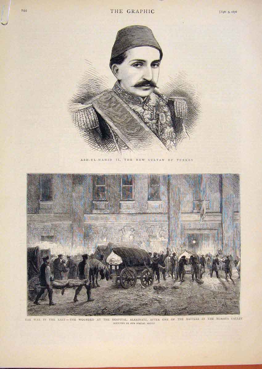Old Antique Print Portrait Sultan Turkey Hospital Alexinatz Deligrad 1876 19th