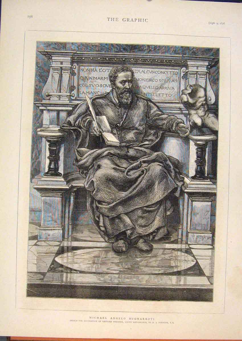 Original Old Antique Print Michael Angelo Buonarroti Statue Poyneter 1876 19th