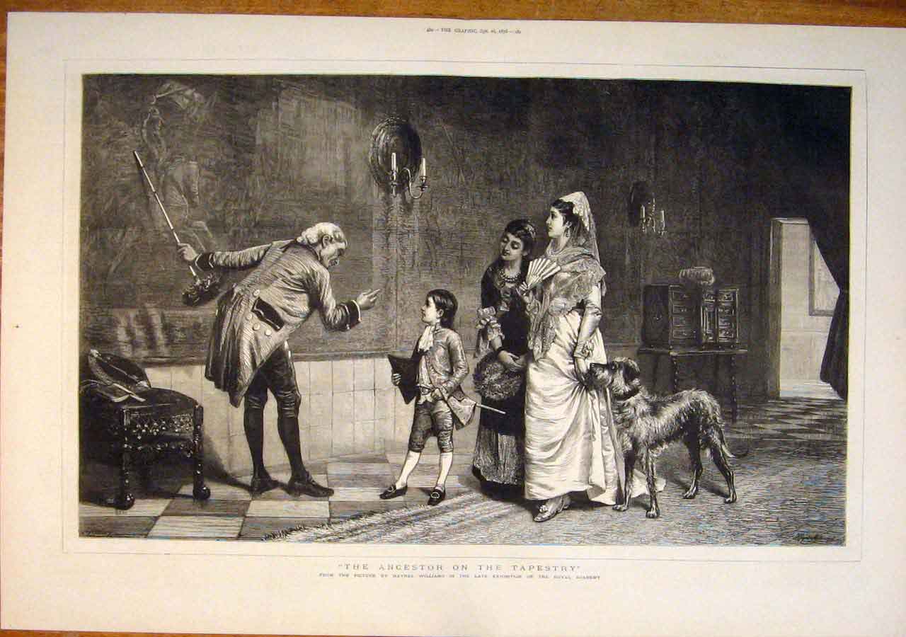 Original Old Antique Print Ancestor Tapestry Williams Family Fine Art 1876 19th