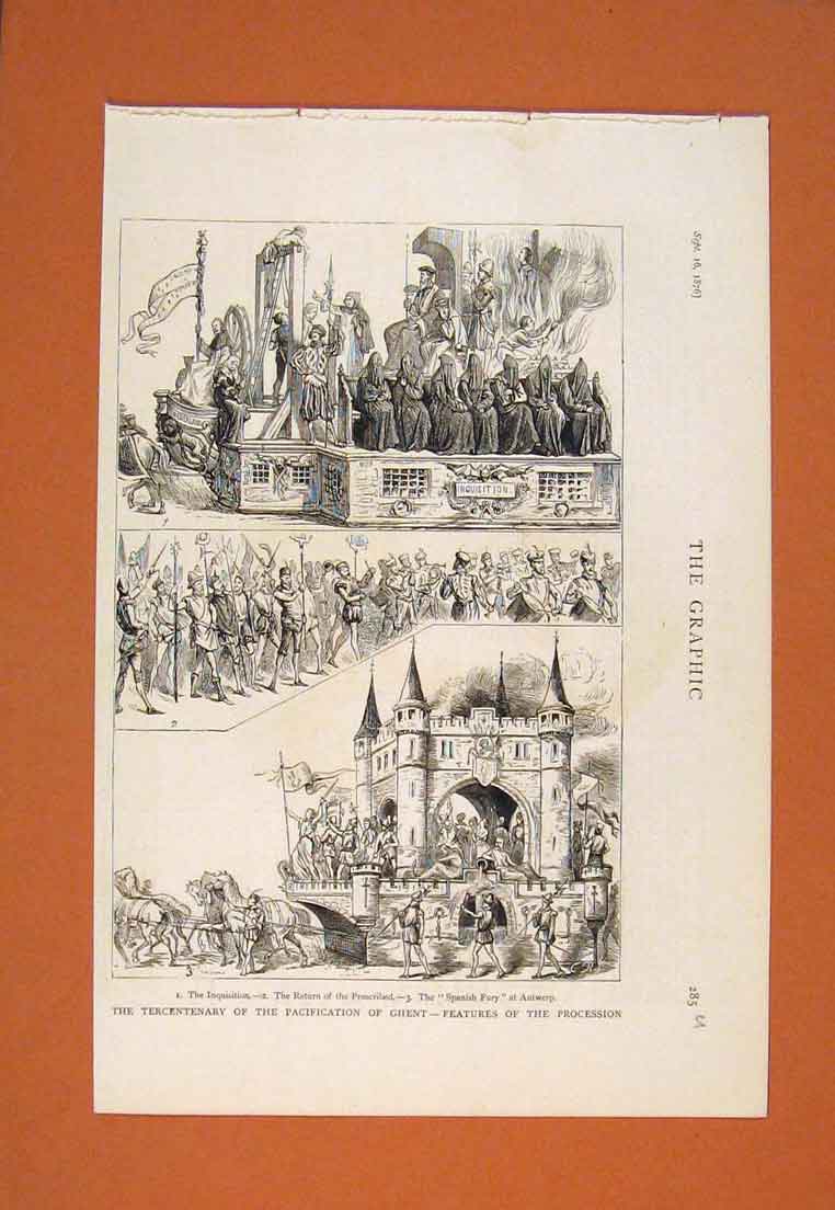 Original Old Antique Print Ghent Tercentenary Pacification Procession 1876 19th