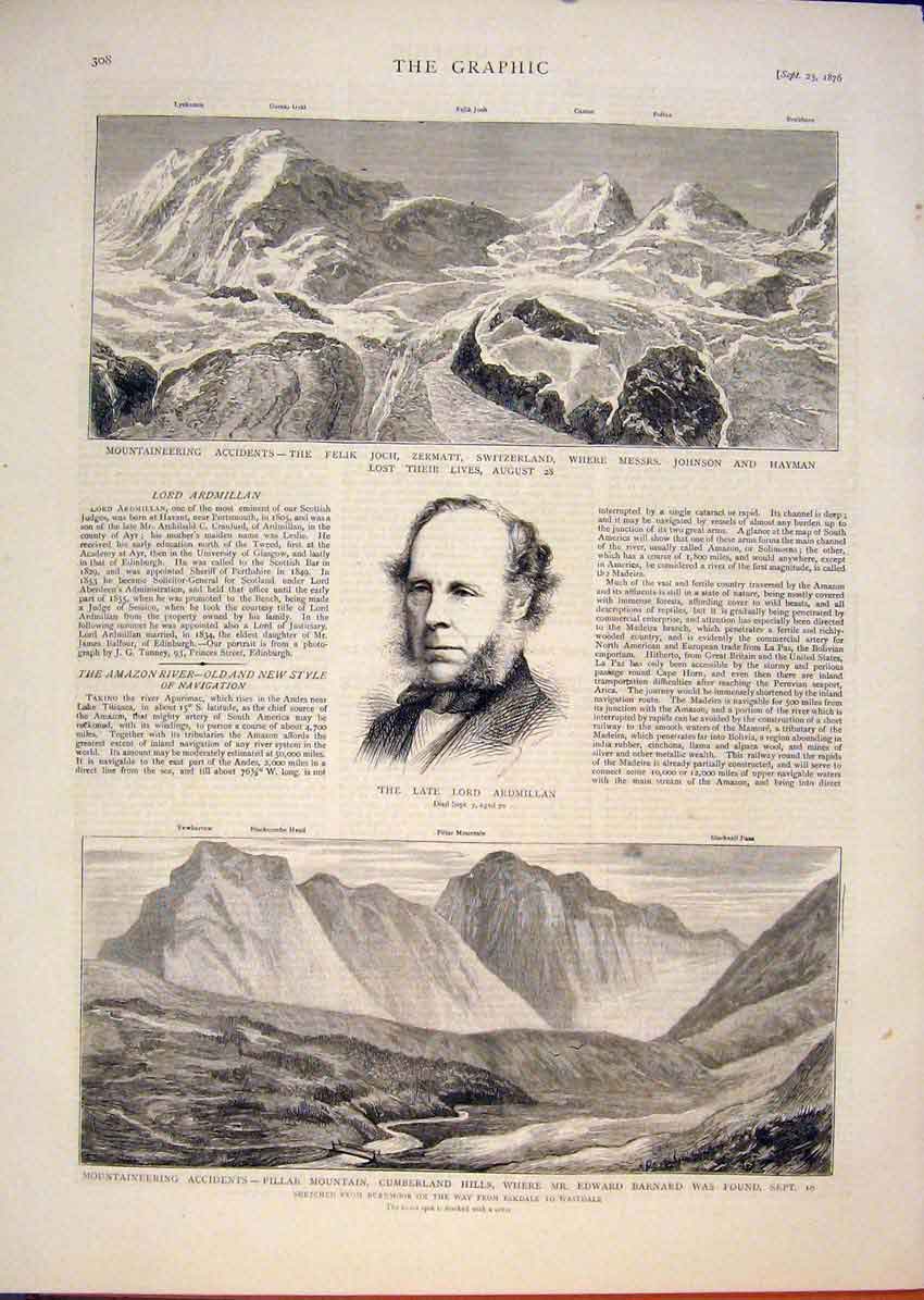 Old Antique Print Mountain Accidents Felik Joch Switzerland Armillan 1876 19th