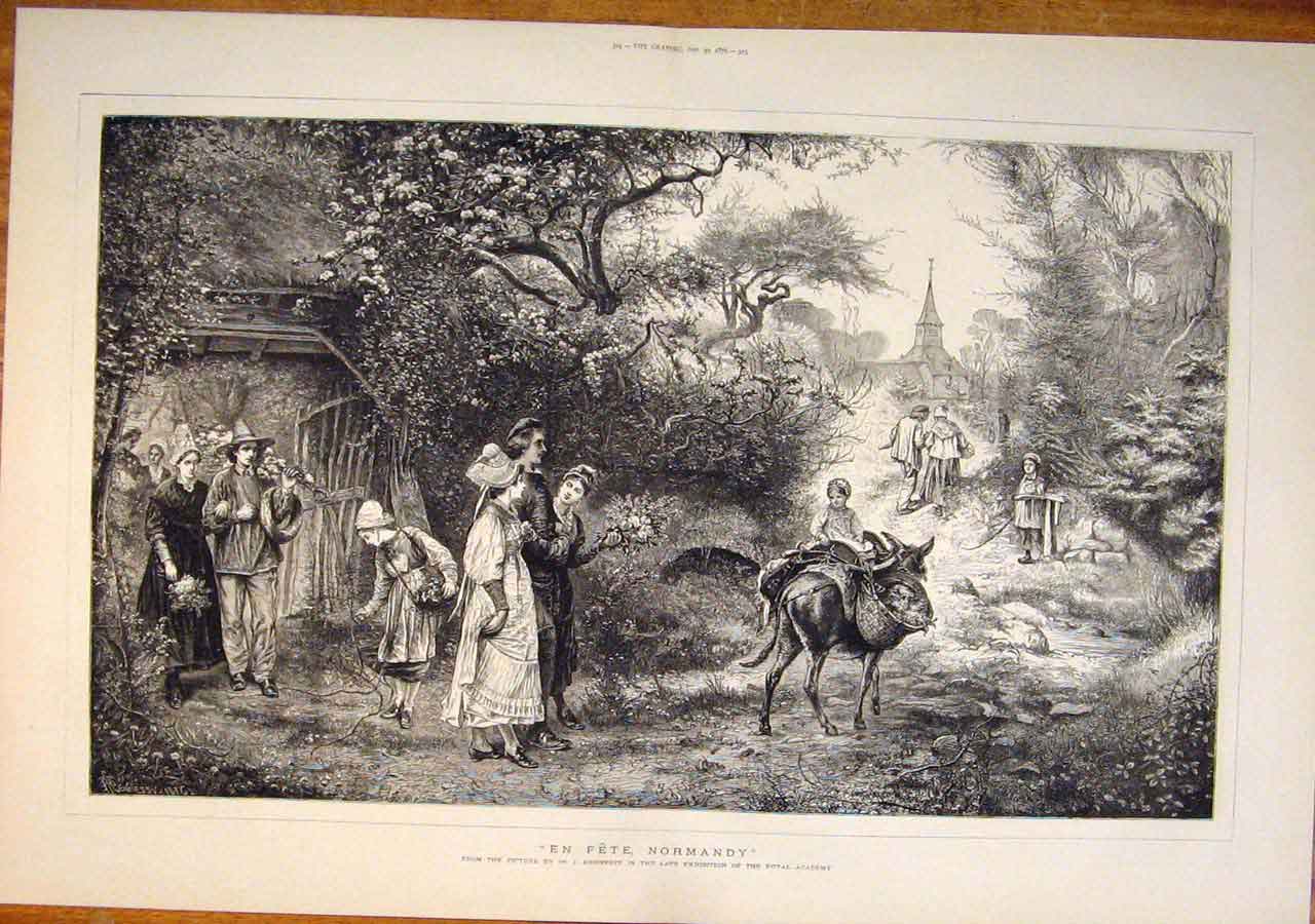 Original Old Antique Print Fete Normandy France Hennessy Donkey Fine Art 1876