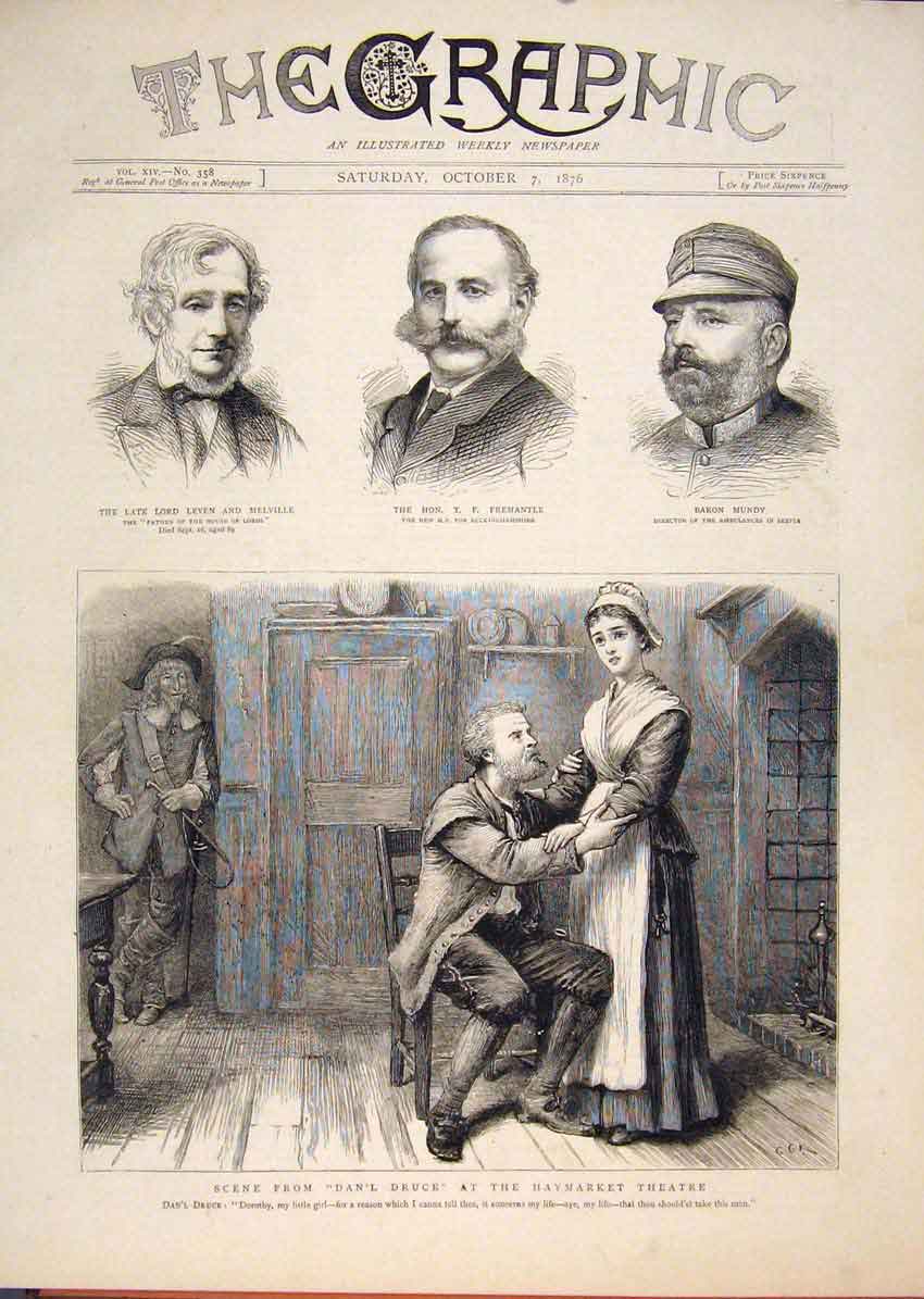 Original Old Antique Print Portrait Leven Fremantle Mundy Haymarket Theatre 1876