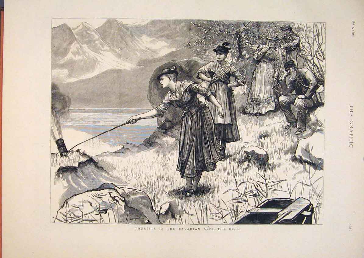 Original Old Antique Print Bavarian Alps Echo Tourists Bavaria 1876 Victorian