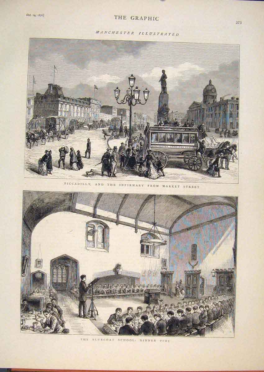 Old Antique Print Manchester Piccadilly Infirmary Market Bluecoat School