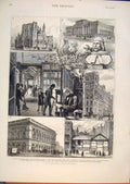 Original Old Antique Print Manchester Church Warehouse Library Hall Chetham 1876