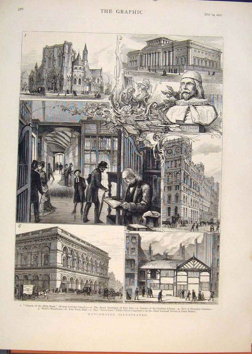Original Old Antique Print Manchester Church Warehouse Library Hall Chetham 1876