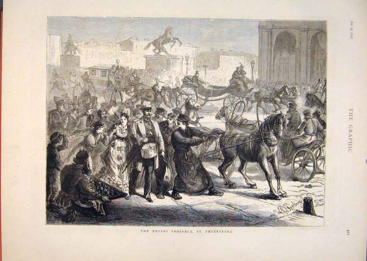 Original Old Antique Print Nevski Prospect St Petersburg Russian Square 1876