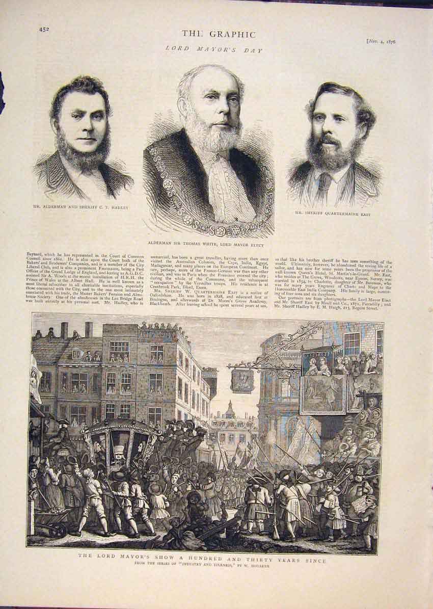 Old Antique Print Portrait Hadley White East Alderman Lord Mayor Hogarth
