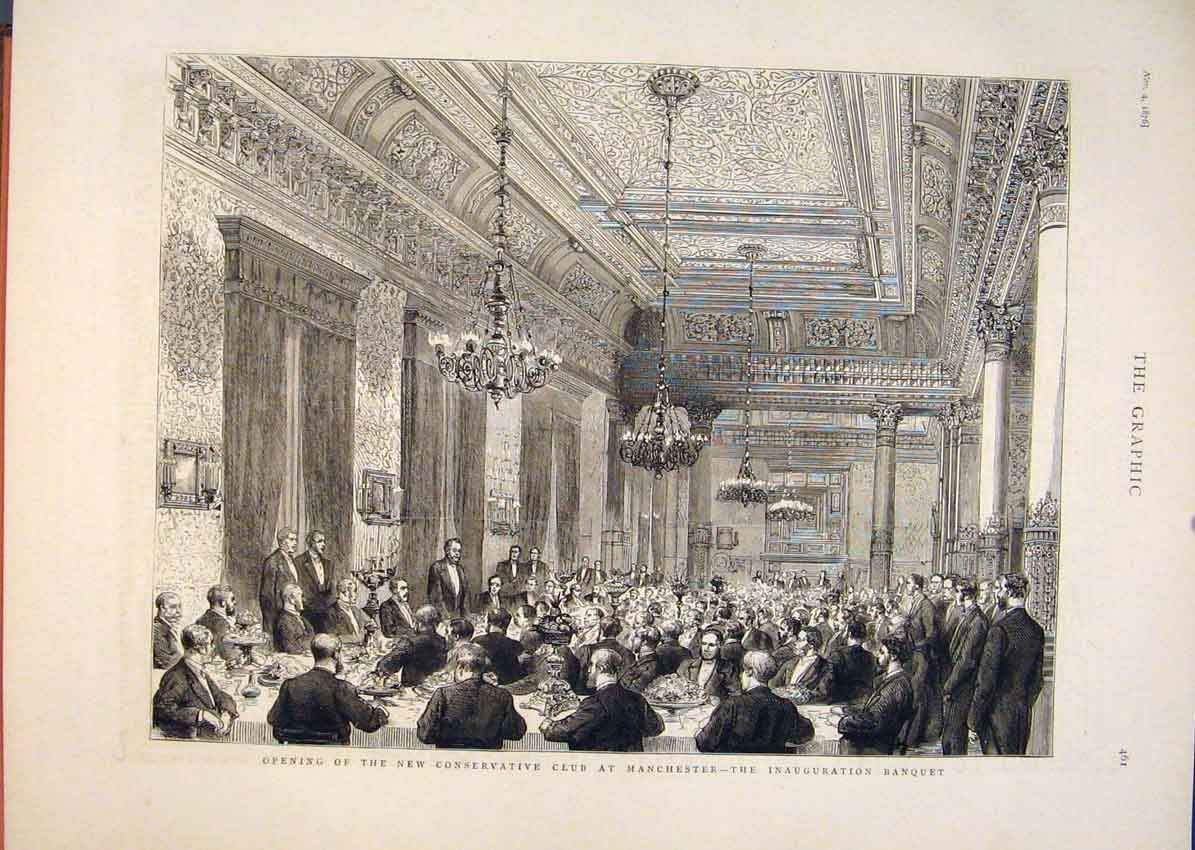 Old Antique Print Manchester Conservative Club Inauguration Banquet 1876 19th
