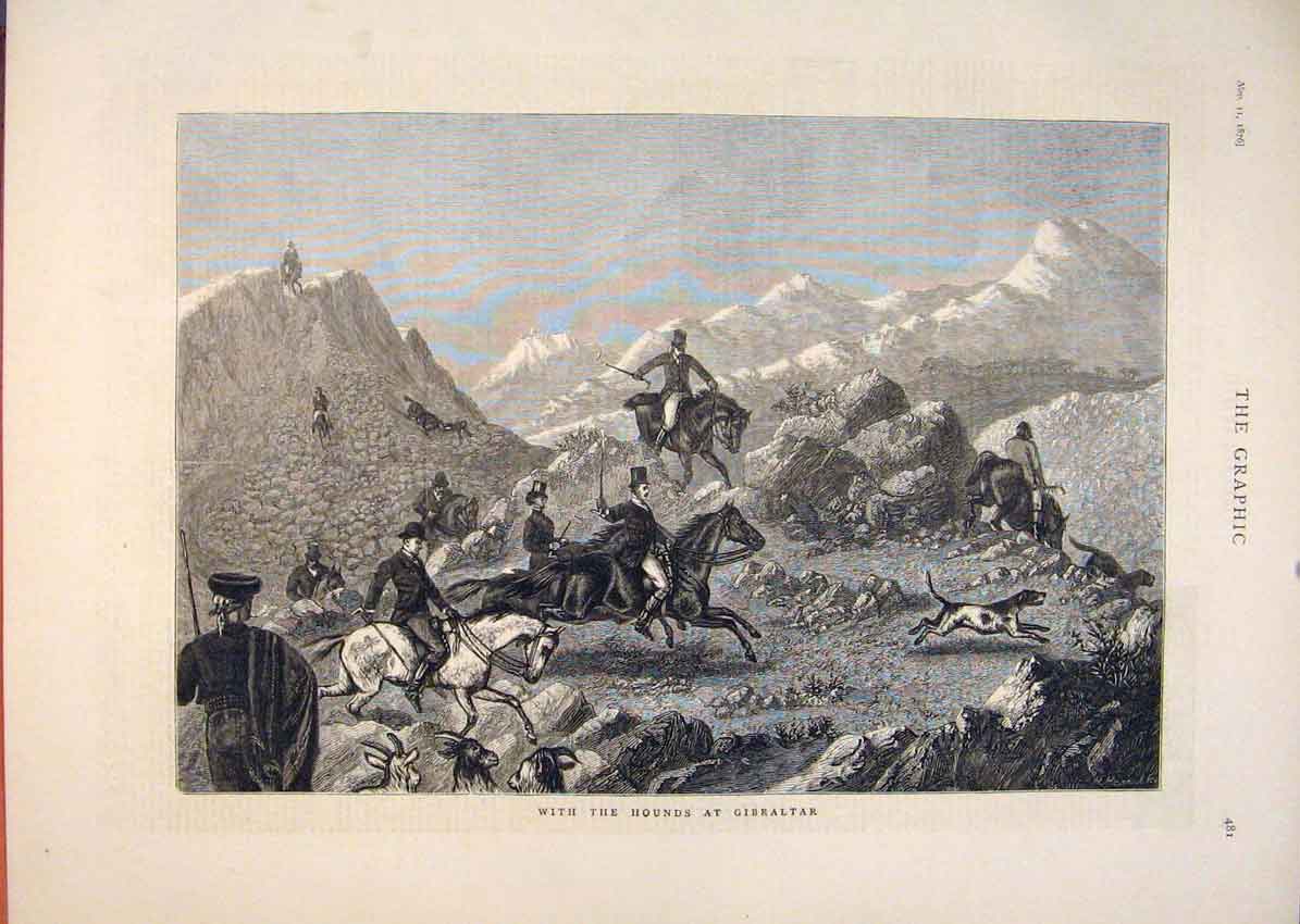 Original Old Antique Print Hounds Gibralatar Hunting Hunt Horses 1876 Victorian