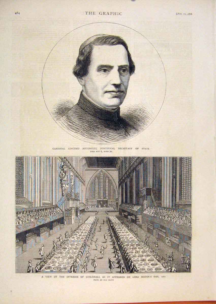 Original Old Antique Print Portrait Cardinal Antonelli Guildhall Lord Mayor 1876