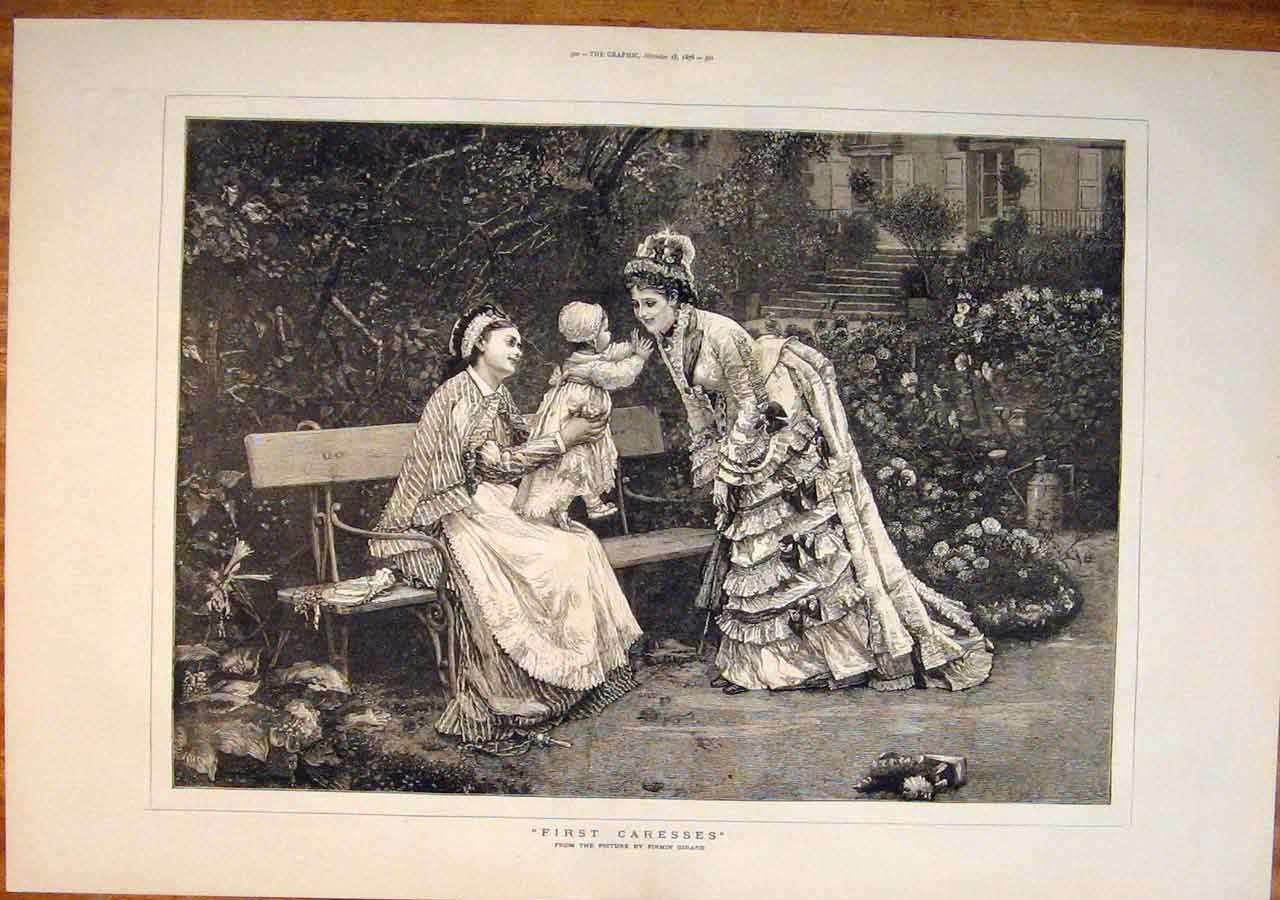 Old Antique Print First Caresses Girard Baby Mother Garden Fine Art 1876 19th