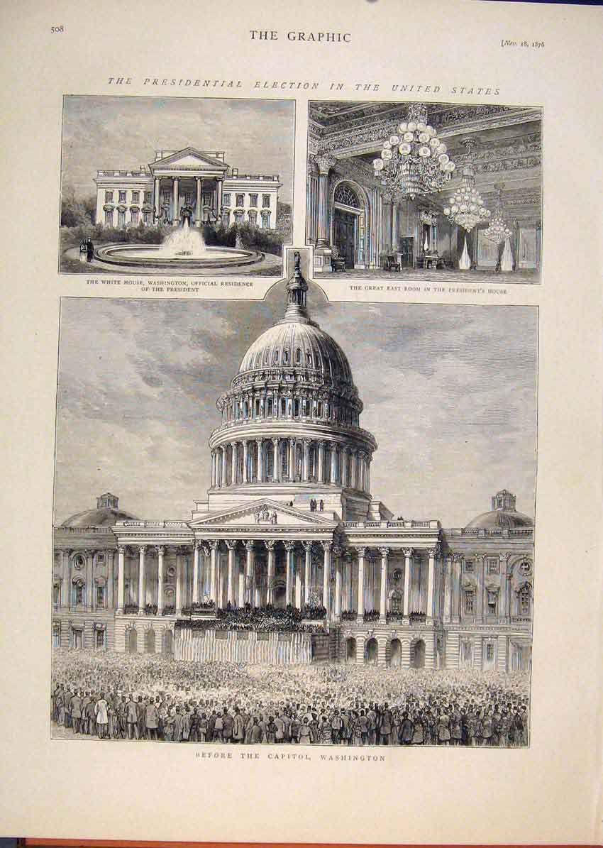 Original Old Antique Print Presentential Election United States 1876 White House