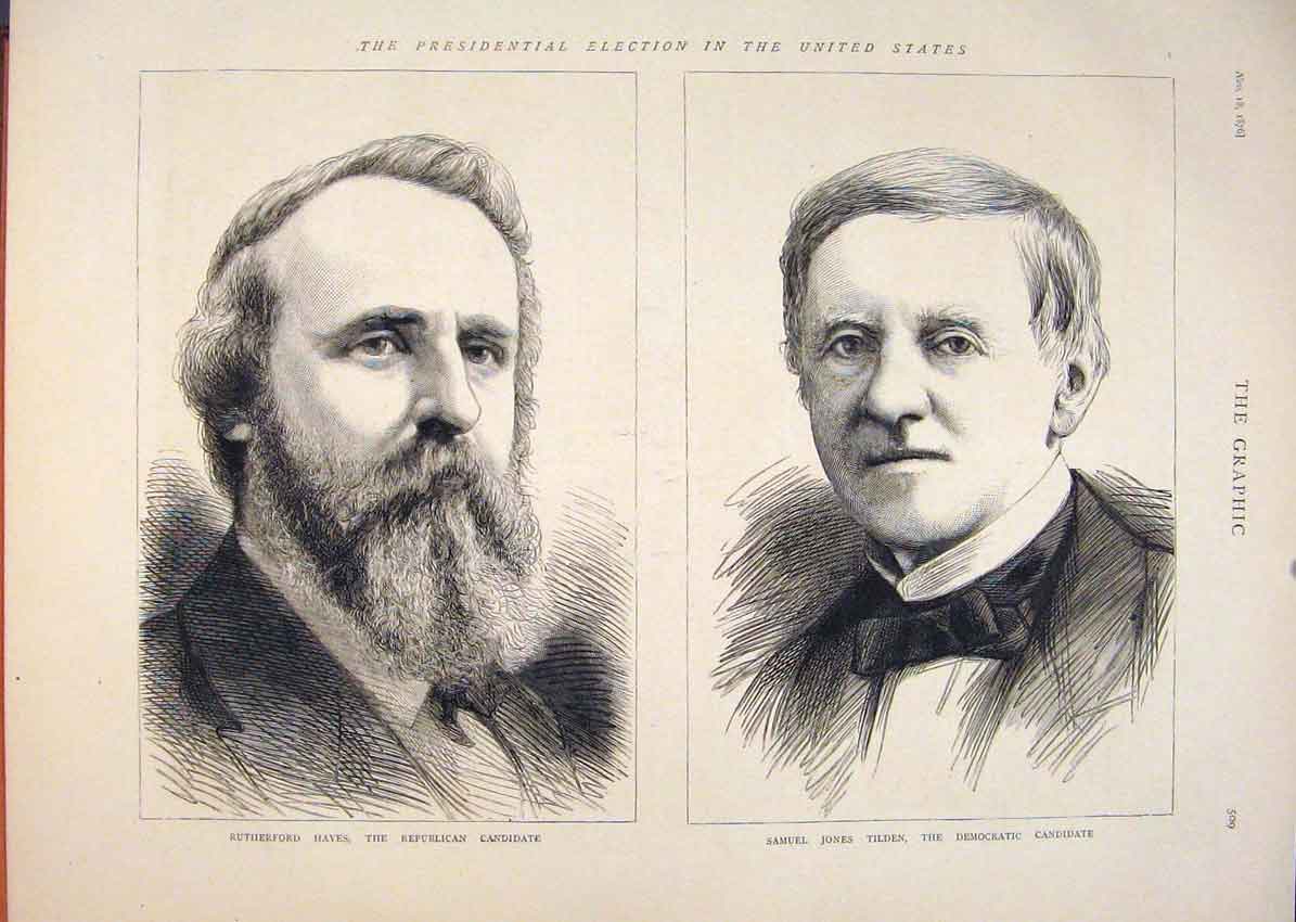 Original Old Antique Print Portrait Hayes Republican Tilden Democratic Candidate