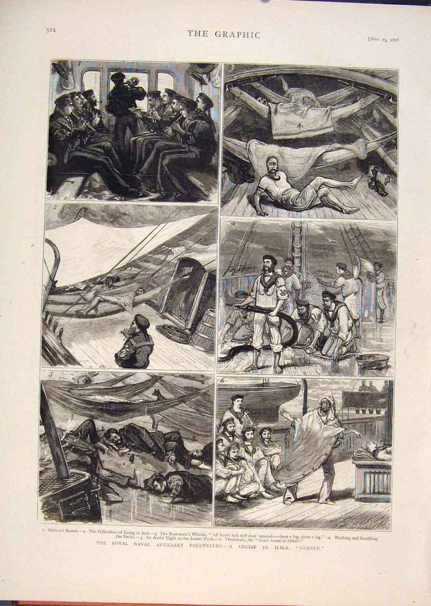 Original Old Antique Print Royal Naval Artillery Volunteers Hms Cherub 1876 19th