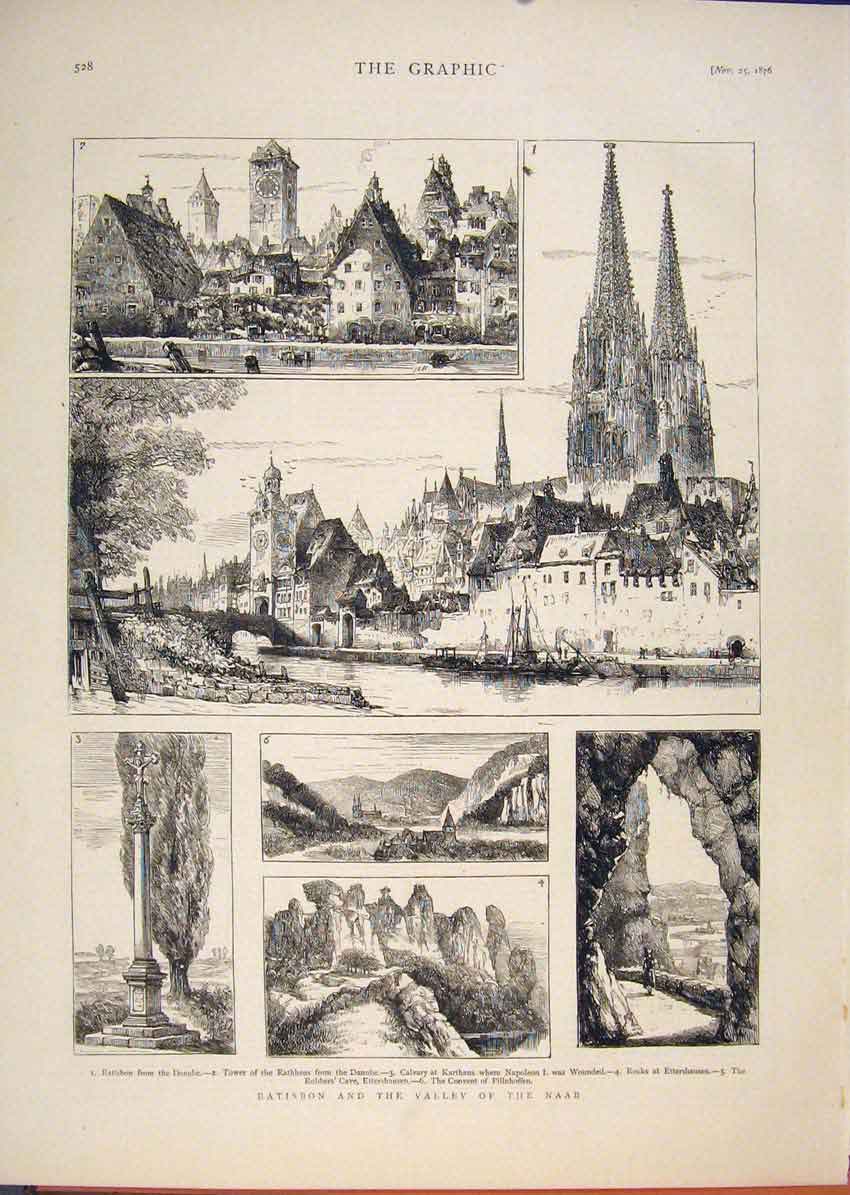 Original Old Antique Print Ratisbon Valley Naab Danube Rathaus 1876 Victorian