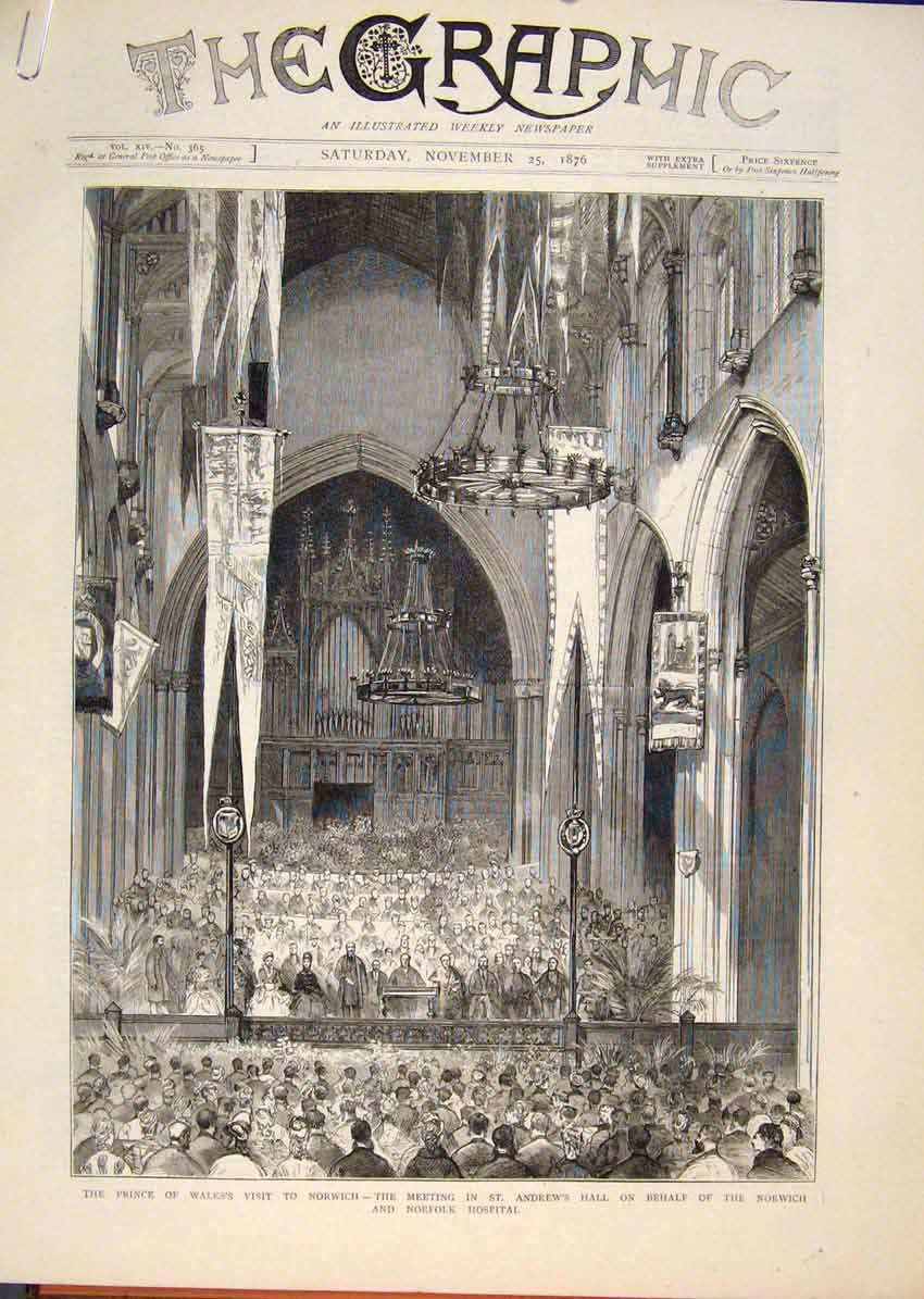 Original Old Antique Print Prince Wales Norwich Norfolk Hospital Cathedral 1876