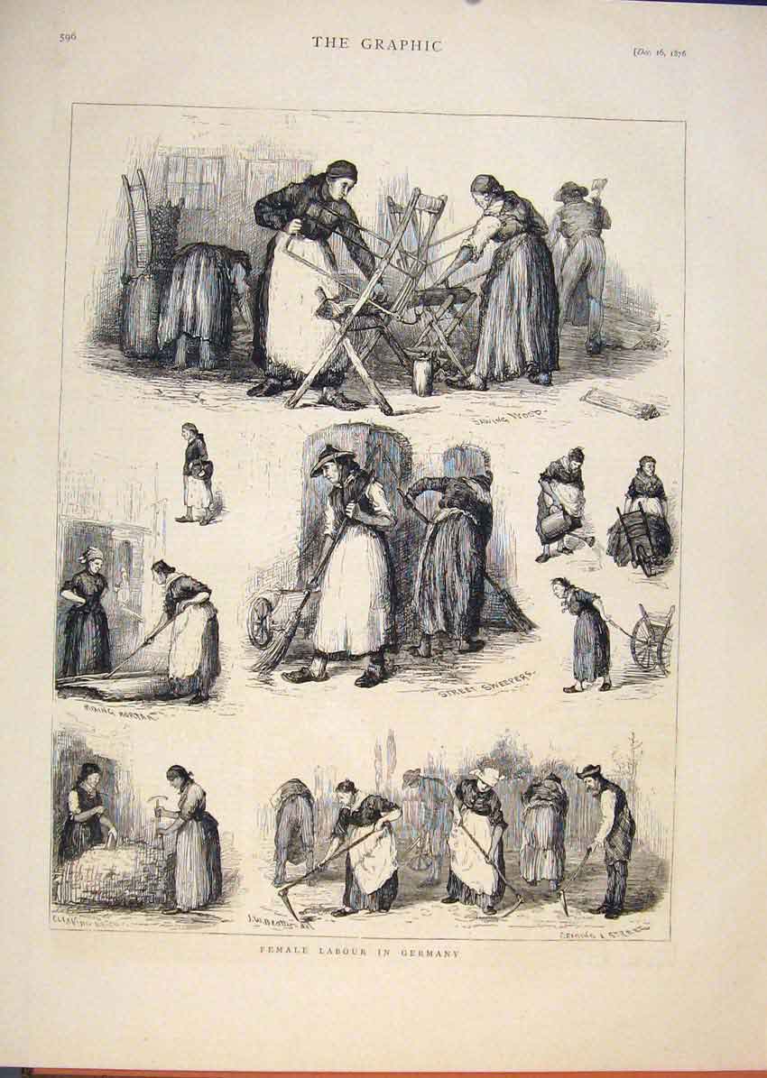 Original Old Antique Print Female Labour Germany Sweepers Street 1876 Victorian
