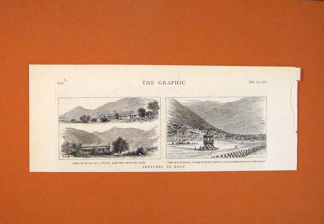 Old Antique Print Sketches Kulu Silver Hill Cottage Sultanpur Maidan 1876 19th