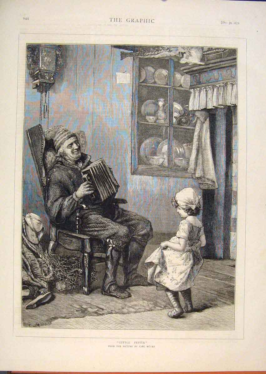 Original Old Antique Print Little Pepita Girl Man Music Carl Mucke Fine Art 1876