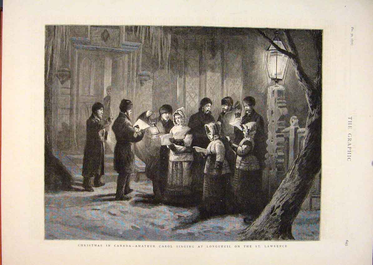Original Old Antique Print Christmas Canada Carol Singers Longfeuil St Lawrence