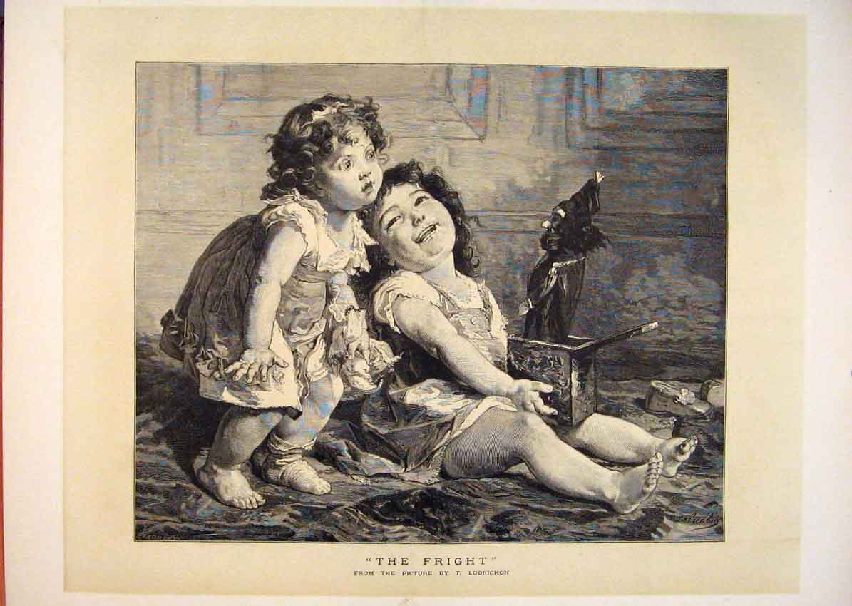 Old Antique Print Fright Jack Box Children Girls Lobrichon Fine Art 1876 19th