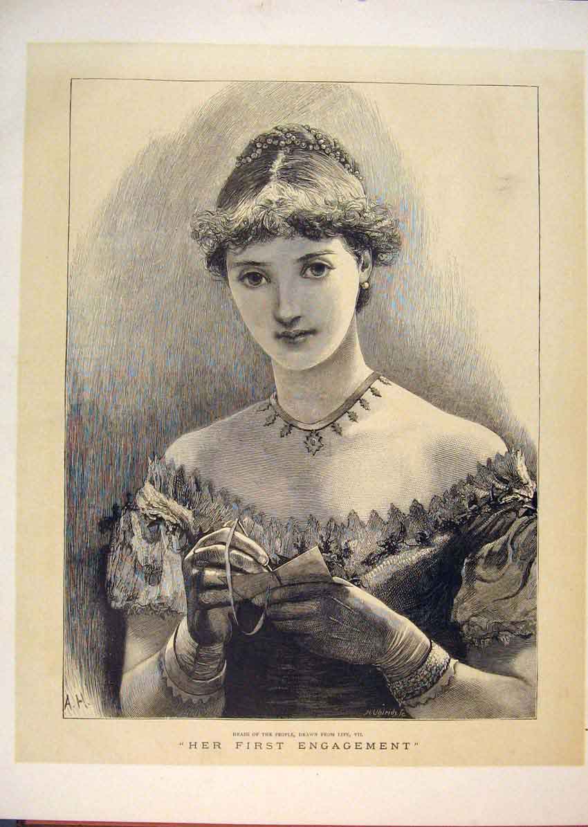 Original Old Antique Print Portrait Lady Woman First Engagement Fine Art 1876
