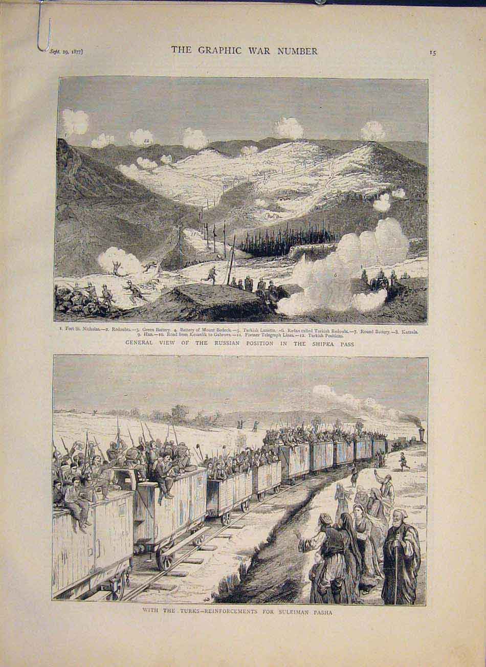 Original Old Antique Print Russian Shipka Pass Russia Loftcha Djonka Troops War