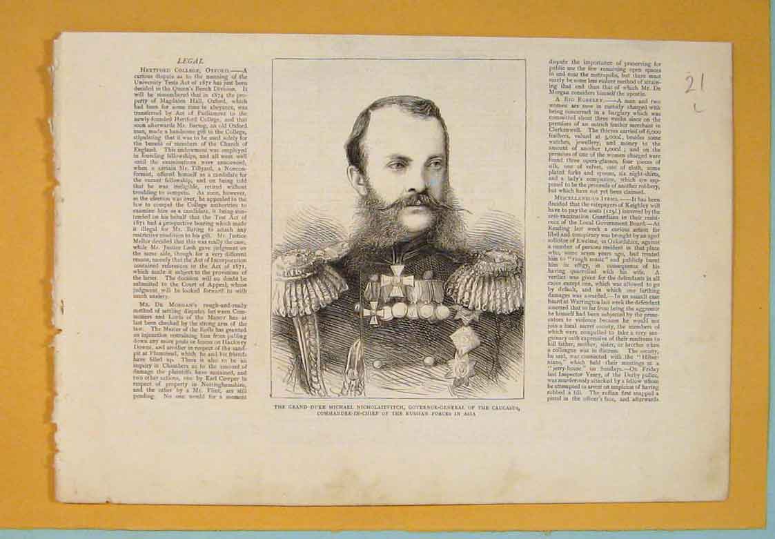 Old Antique Print Portrait Nicholaievitch Caucasus Commander Chief Asia