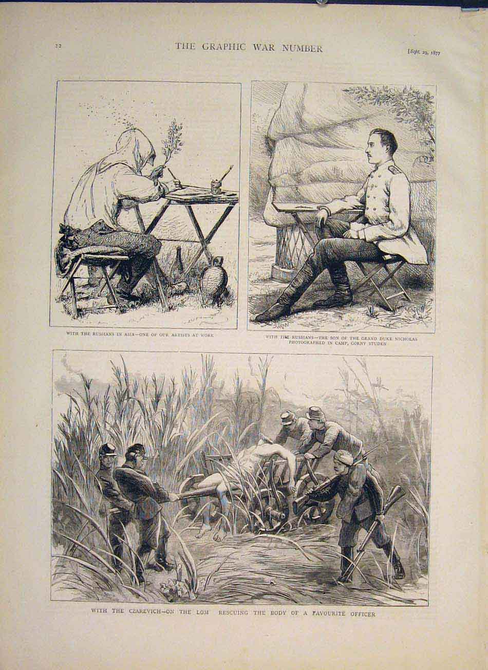 Original Old Antique Print Asia Russians Studen Artist Czarevich Lom River 1877
