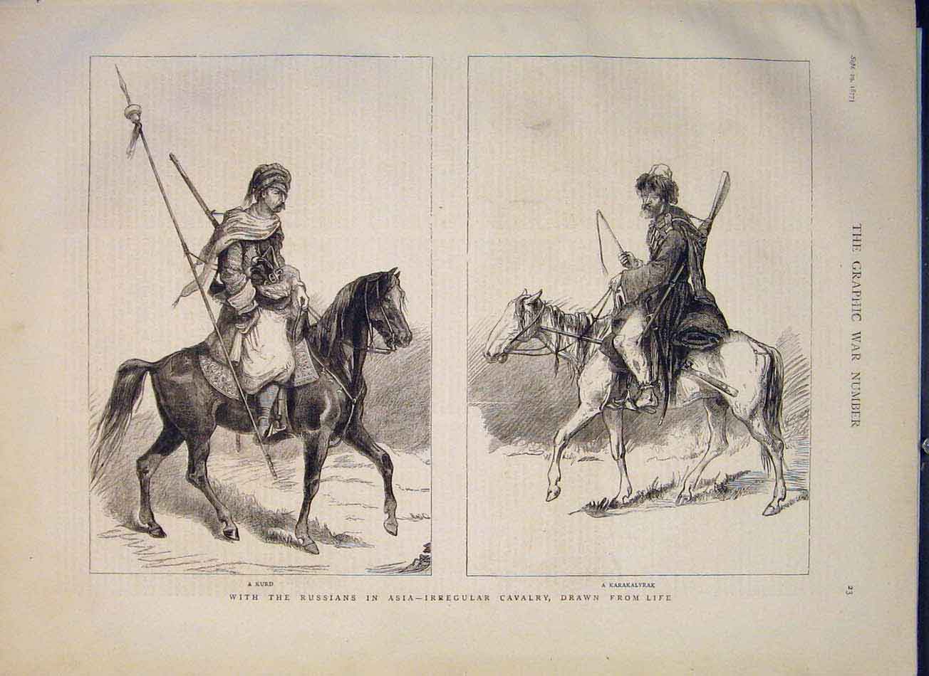 Original Old Antique Print Kurd Karakalyrak Russians Asia Cavalry Portrait 1877