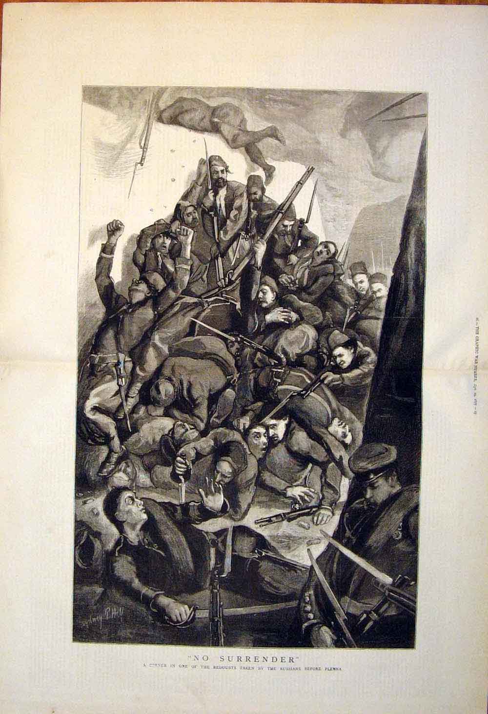 Original Old Antique Print No Surrender War Turks Russians Plevna Siers 1877