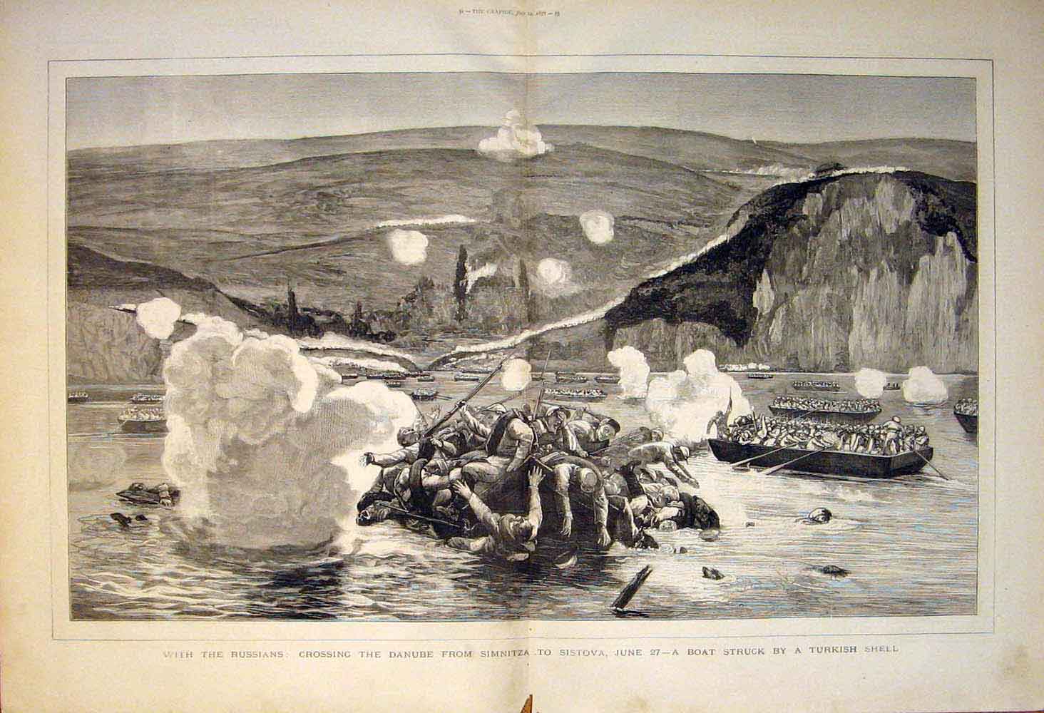 Old Antique Print Russians Danube Simnitza Sistova Boat Boats River War