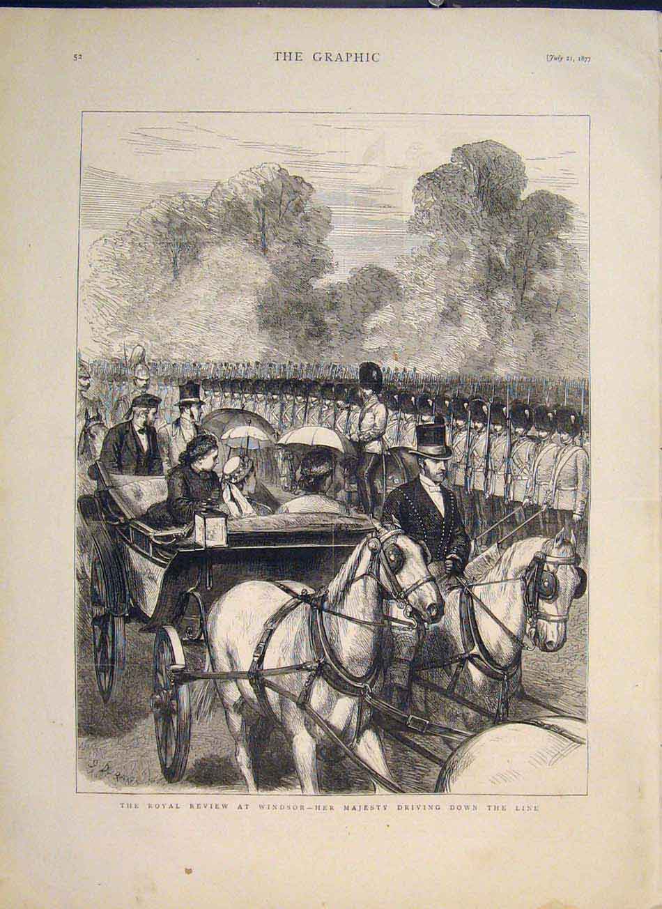 Original Old Antique Print Royal Review Windsor London Majesty Queen 1877 19th