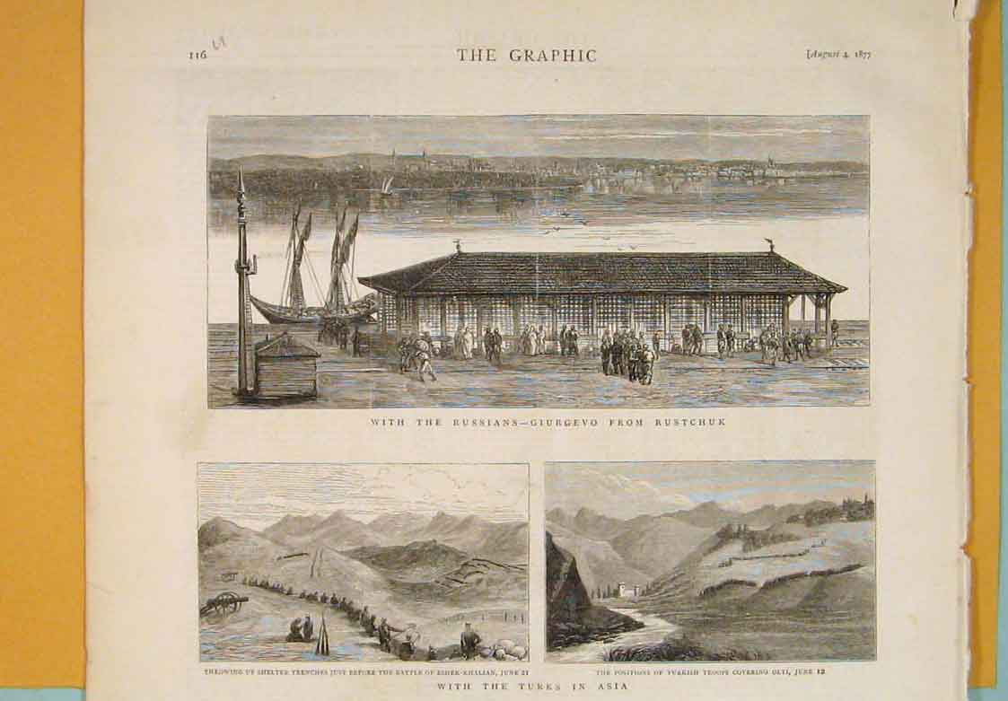 Original Old Antique Print Russians Giurgevo Rustchuk Turks Asia Turkish Troops