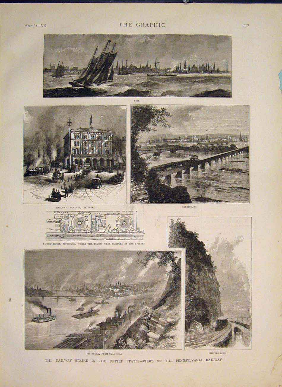 Original Old Antique Print Railway Strike Erie Pittsburg America Pennsvlvannia