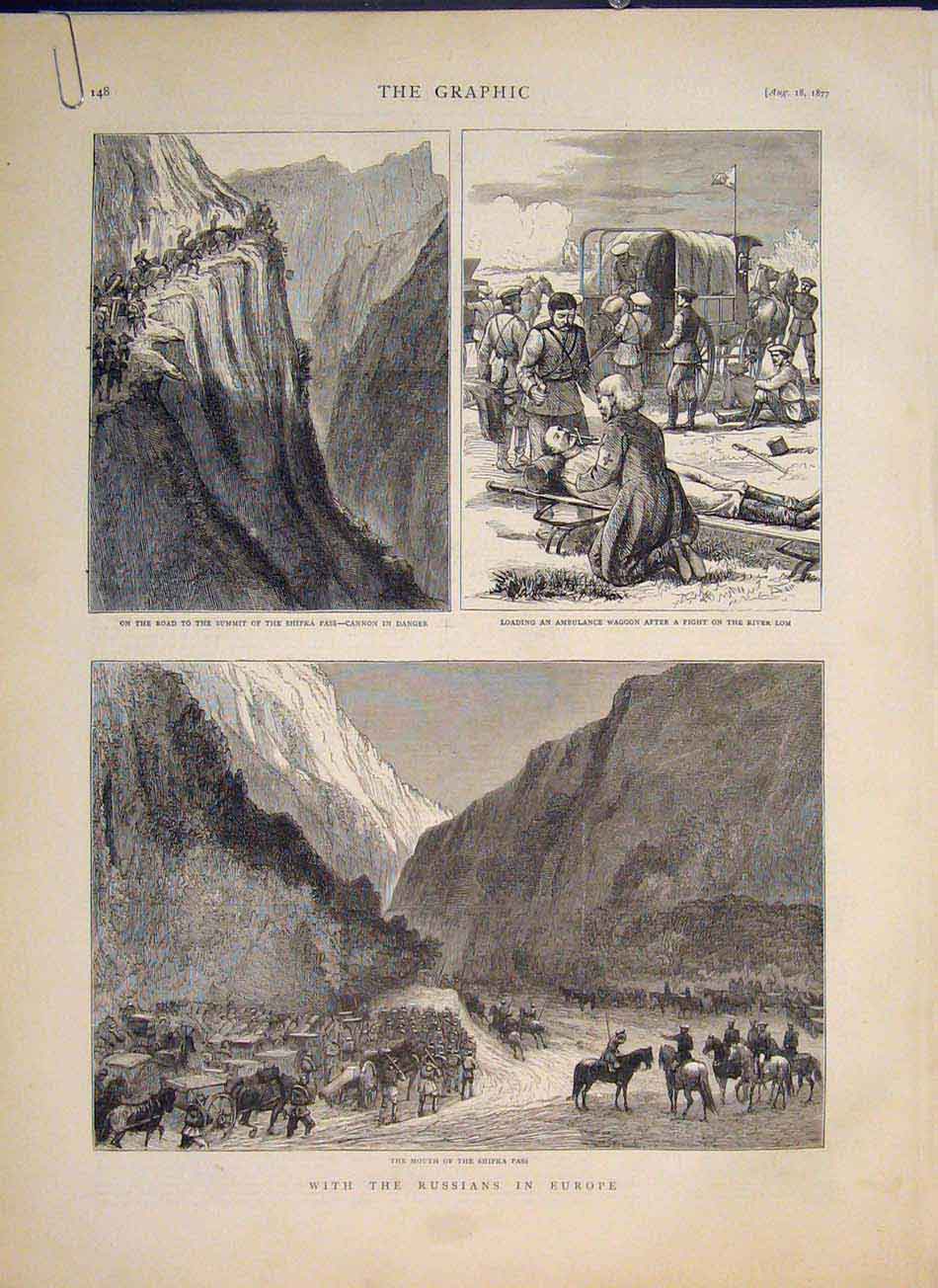 Old Antique Print Russians Europe Shipka Pass River Lom Dance Magra Asia