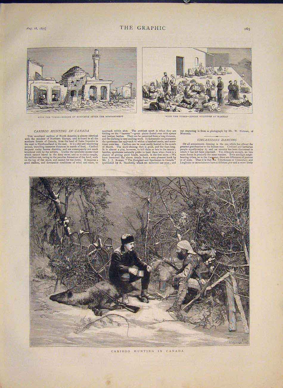 Original Old Antique Print Caribou Cariboo Hunt Hunting Canada Mosque Rasgrad