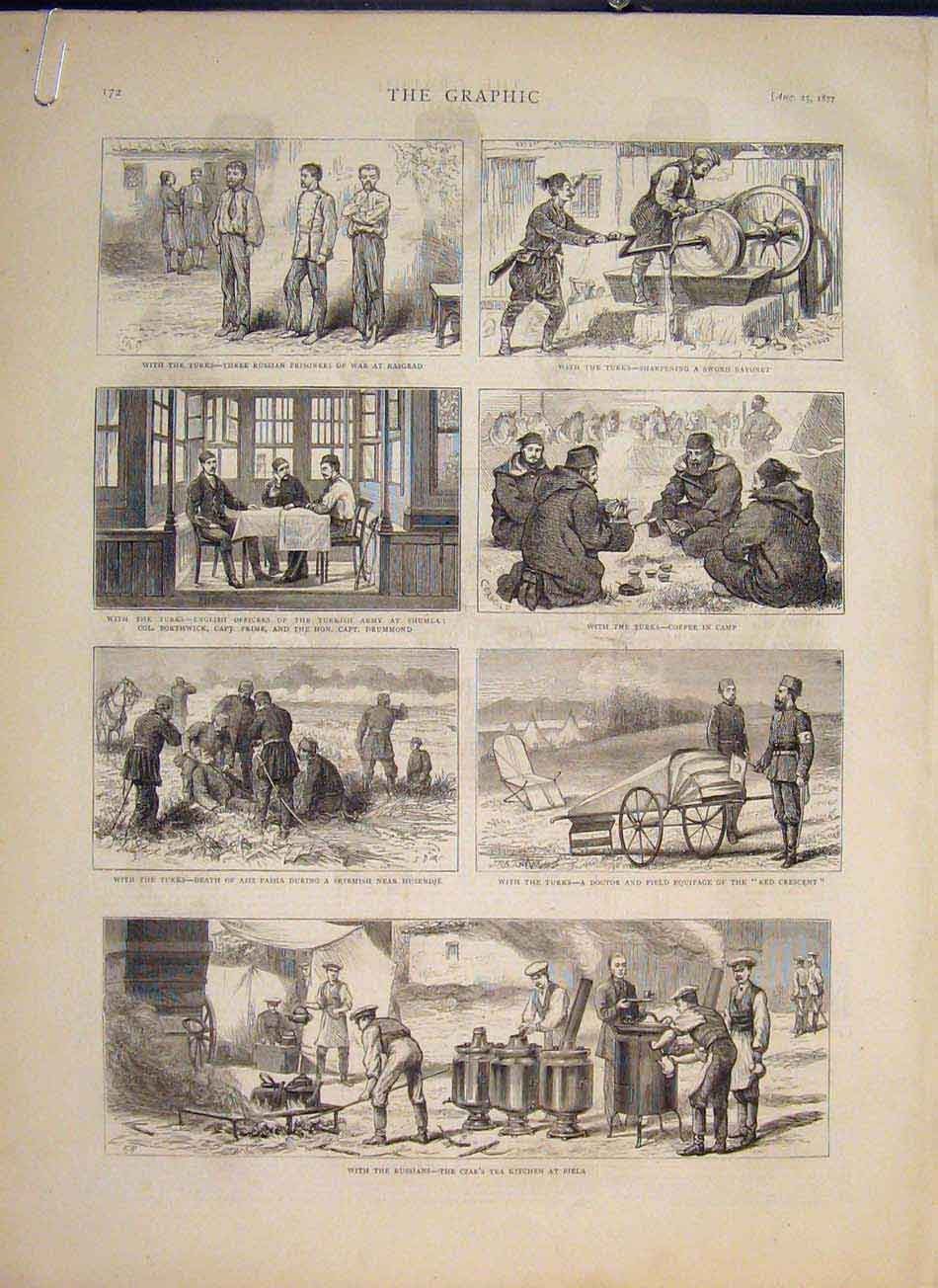 Old Antique Print Russians Czar Tea Kitchen Biela Plevna Poudin Dragoons