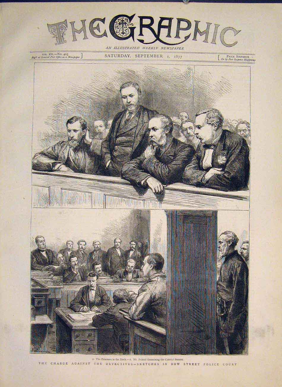 Original Old Antique Print Sketches Bow Street Police Court Poland Benson 1877