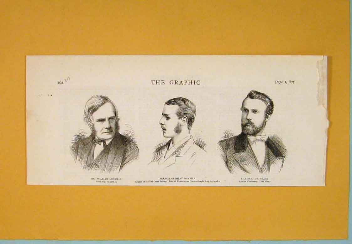 Original Old Antique Print Longman Meyrick Black Red Cross Missionary 1877 19th