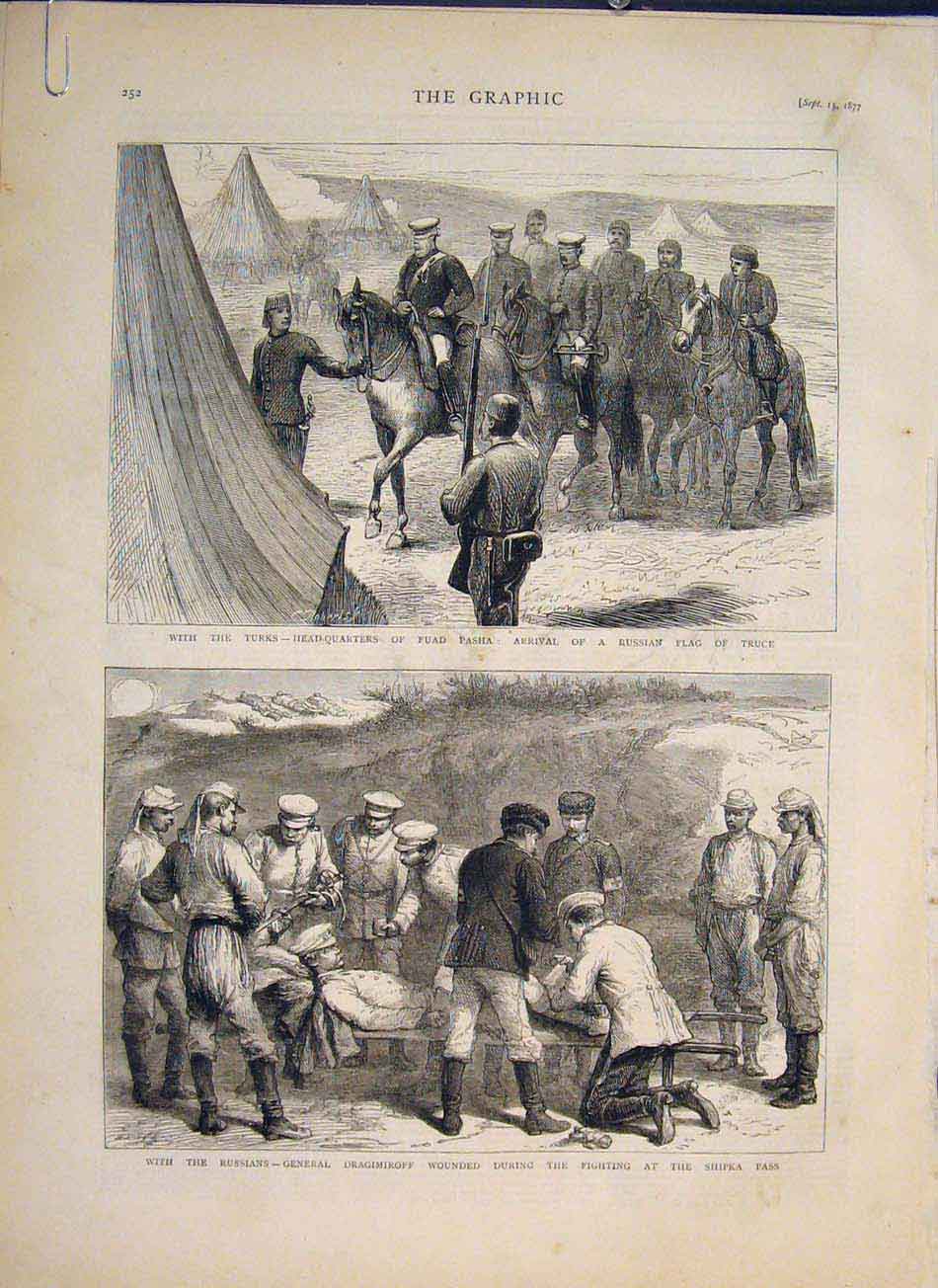 Old Antique Print Fuad Pasha Russian Dragimiroff Shipka Pass Cossack 1877 19th