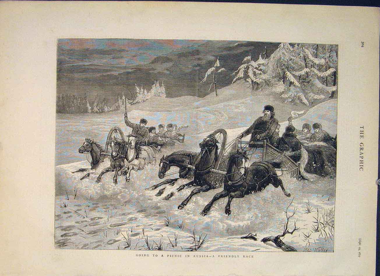 Original Old Antique Print Picnic Russia Race Waller Horses Horse 1877 Victorian