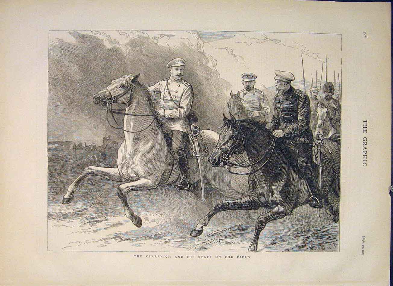 Original Old Antique Print Czarevich Staff Field War Russia Russians 1877 19th