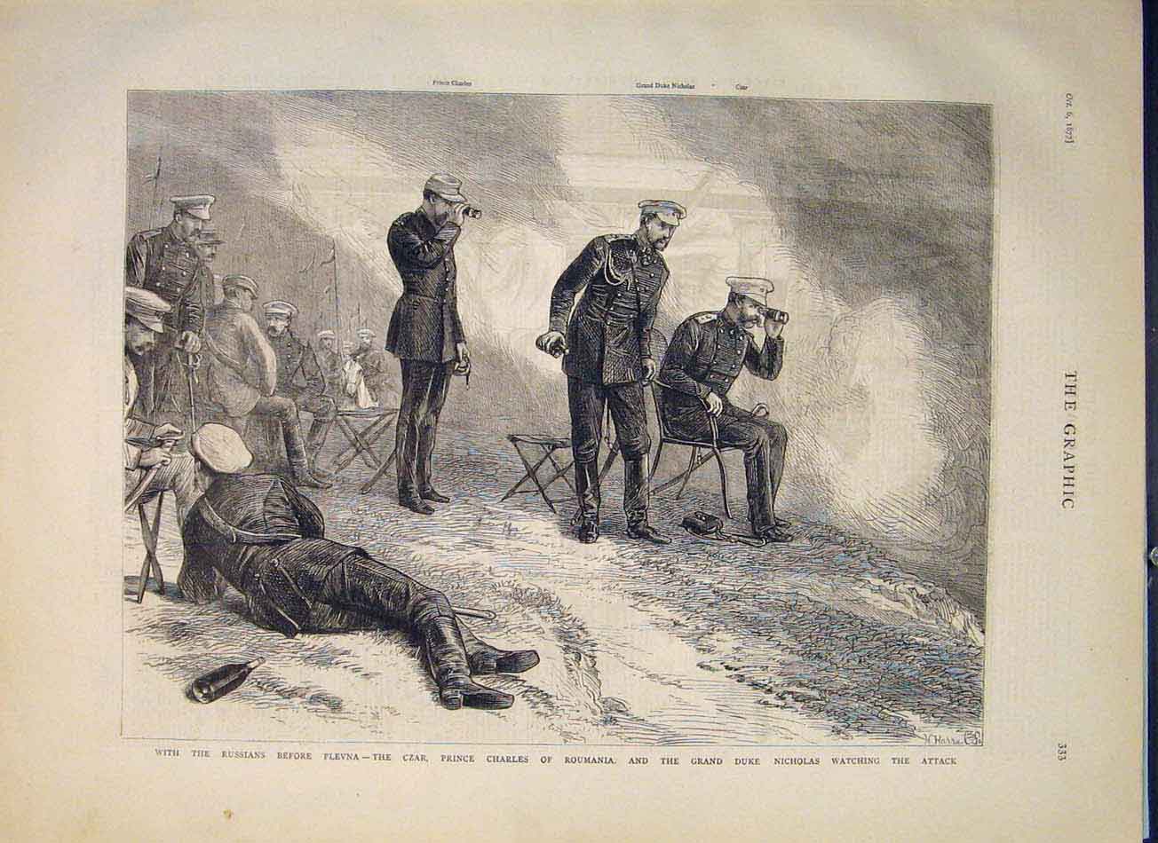 Original Old Antique Print Russians Plevna Czar Battle Charles Nicholas 1877
