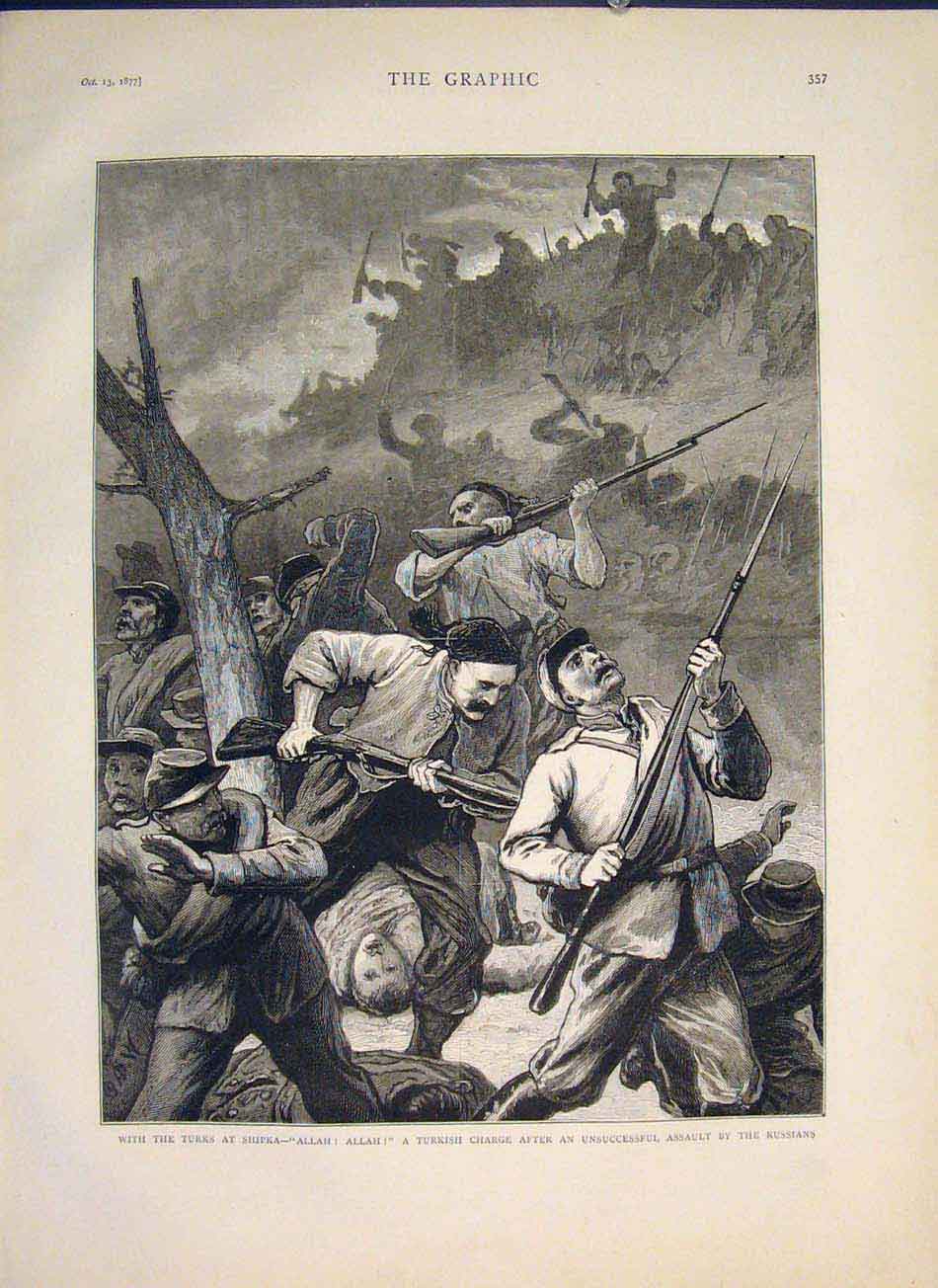 Original Old Antique Print Shipka Turks Russians War Battle 1877 19th