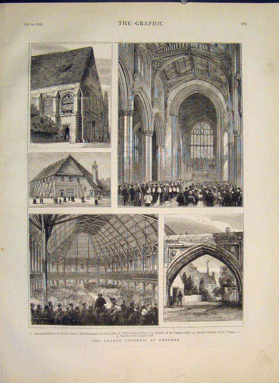 Original Old Antique Print Church Congress Croydon London Plalace Parish 1877